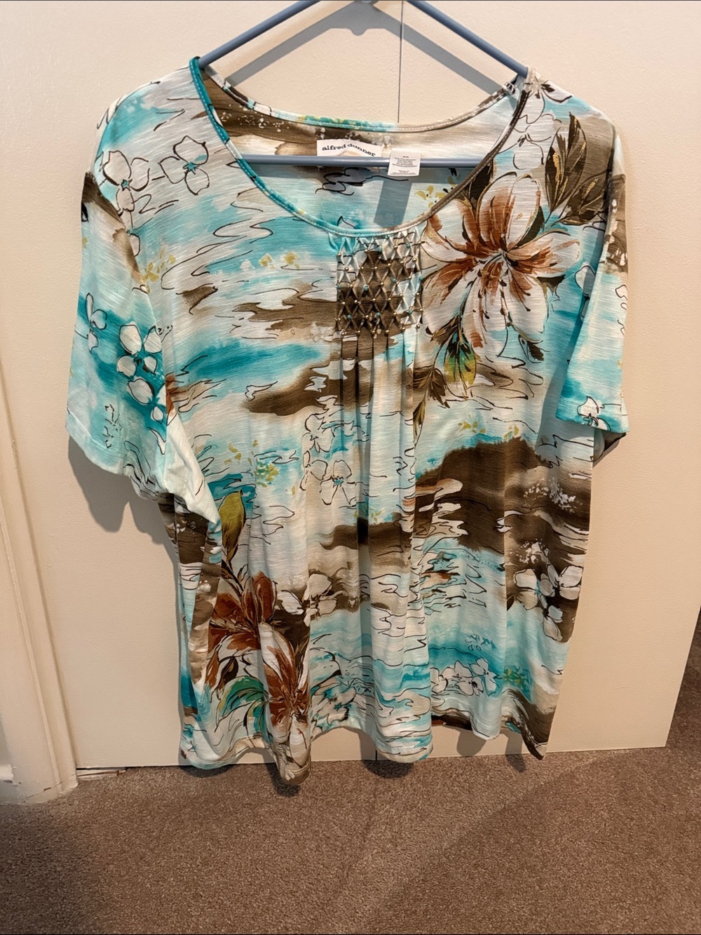 Alfred Dunner Turquoise and Brown Floral Short-Sleeve Top